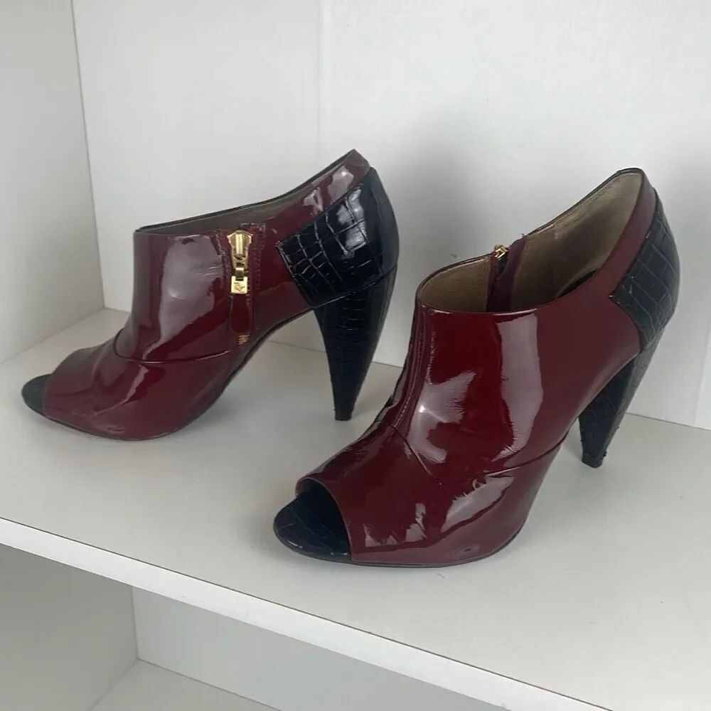 Pour La Victoire Lea Dark Cherry Patent Leather Curved Heel Ankle Bootie Sandal